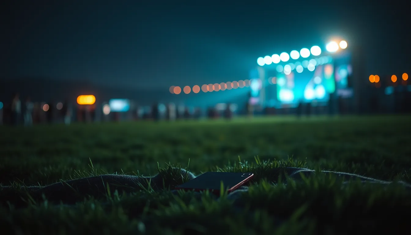 A phone lying on a blanket in festival grass at night, blurred stage lights in the distance