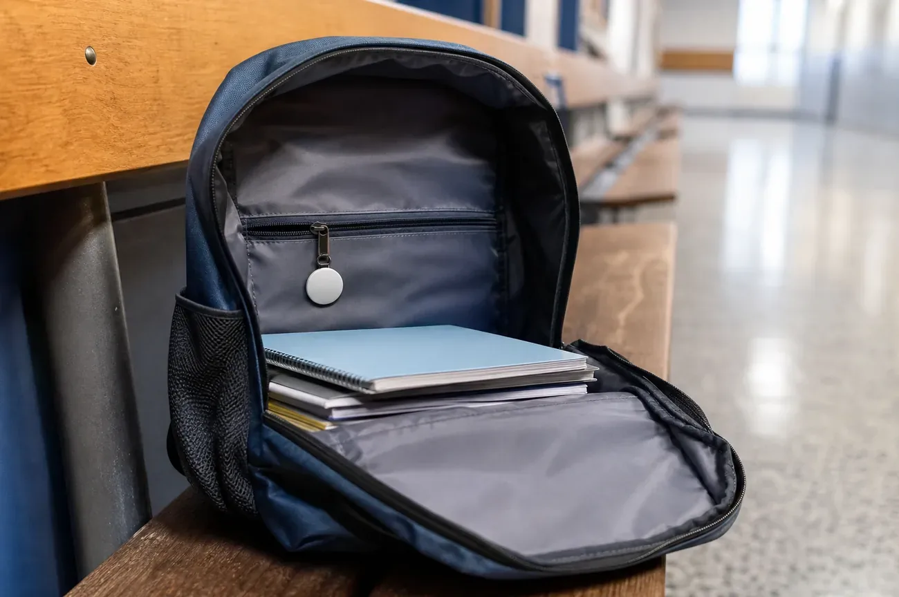Cartable ouvert avec un petit traceur rond glissé dans une poche intérieure