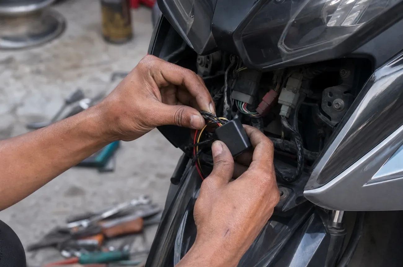 Thợ sửa xe đi dây mô-đun GPS nhỏ dưới mặt nạ nhựa phía trước xe máy