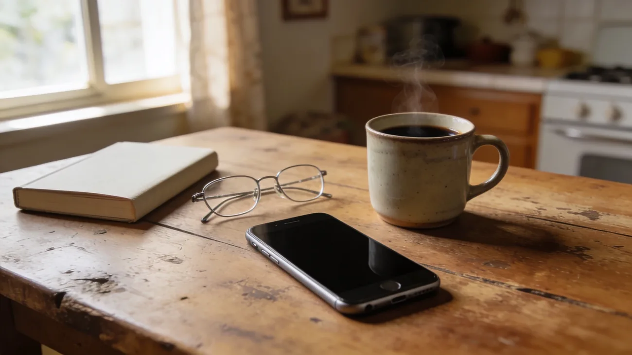 Smartphone sobre mesa de cocina de madera junto a unos lentes de lectura de marco metálico fino, una taza de café humeante y un libro cerrado, luz cálida de tarde