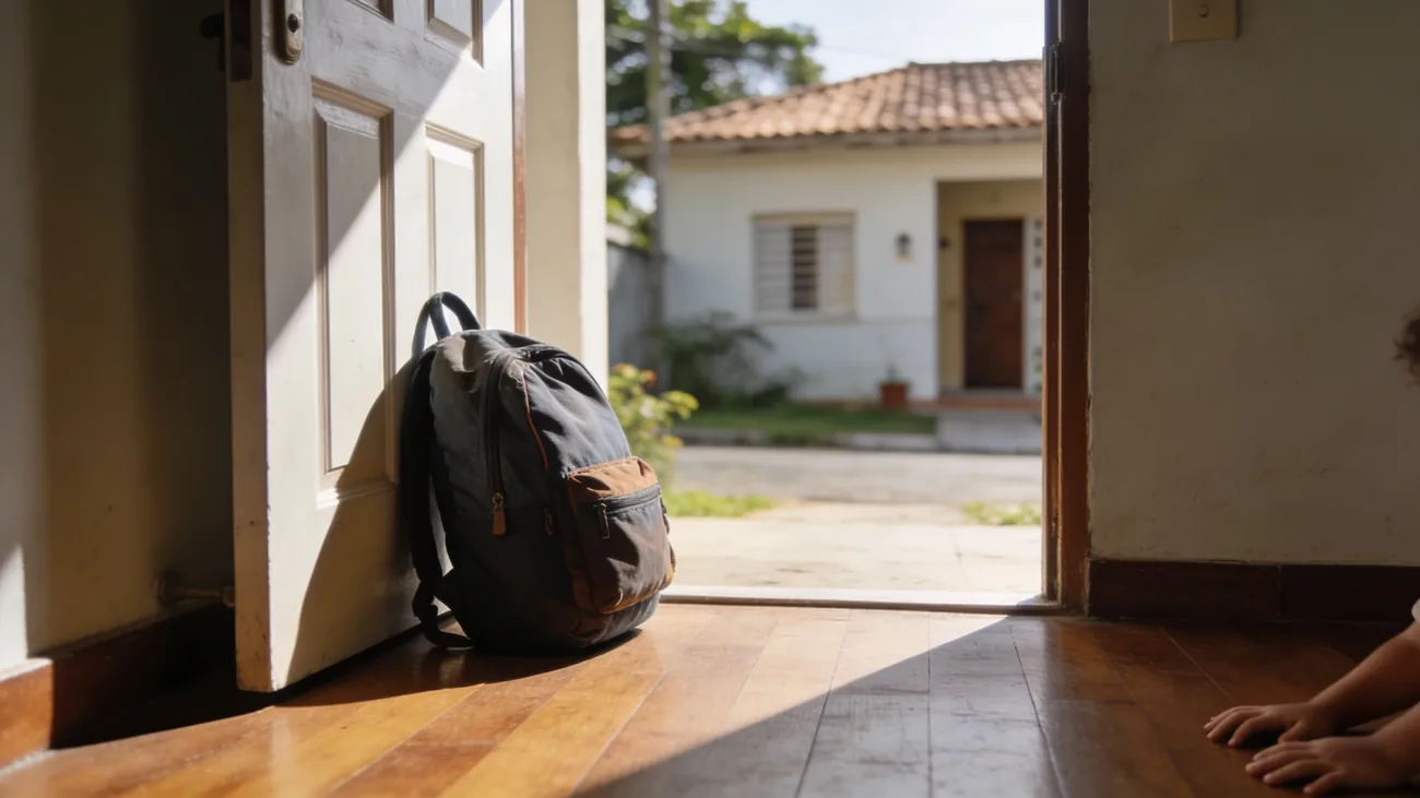 Mochila escolar de criança em chão de entrada de casa, vista parcial do hall com porta aberta para luz natural, mãos infantis abaixo do quadro, ambiente acolhedor brasileiro