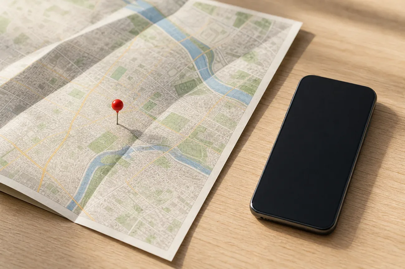 A paper map of a city with a single location pin, next to a phone, suggesting area code geography, soft daylight