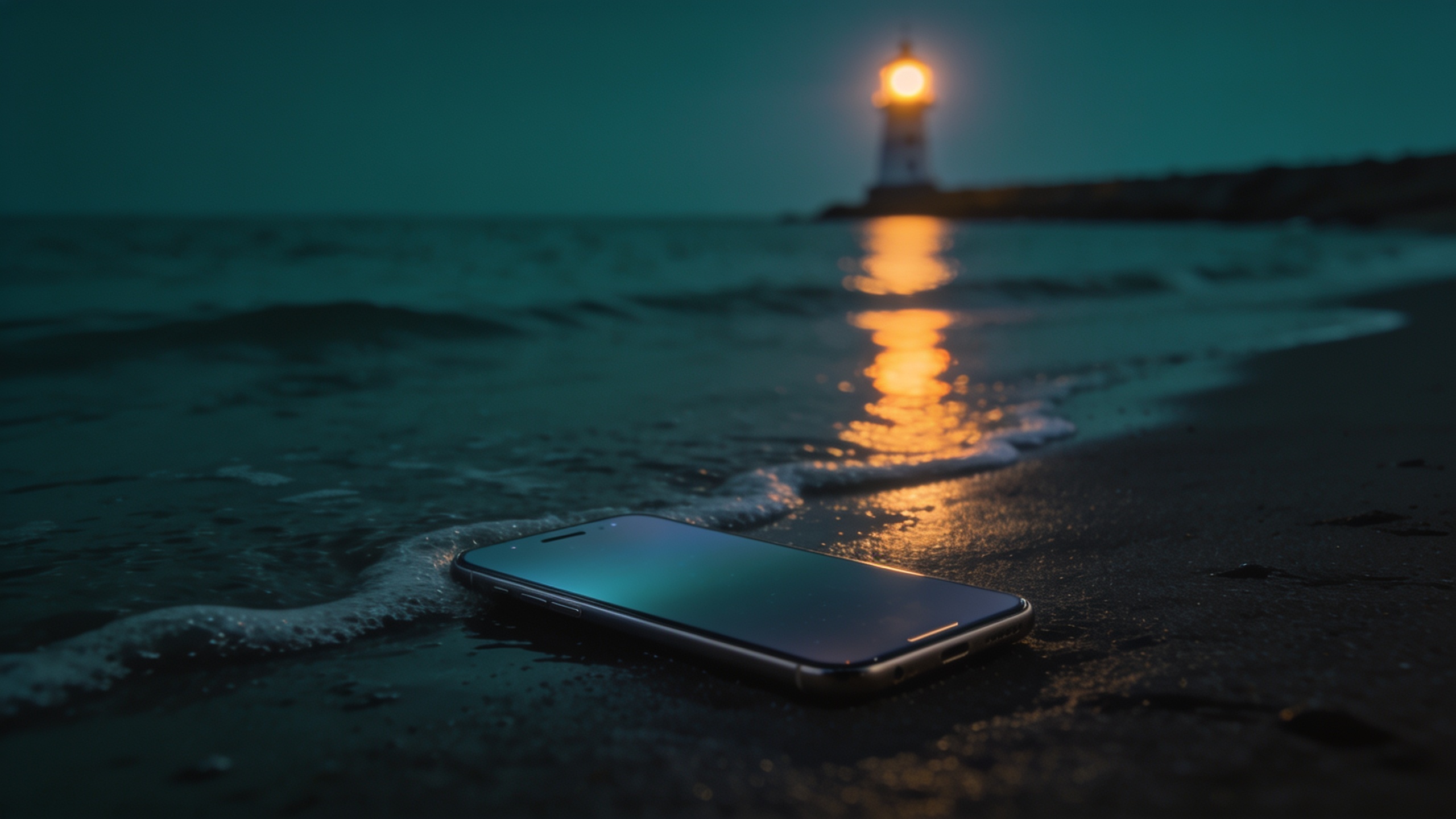 A smartphone lying on wet sand at the edge of dark night sea with a distant lighthouse glow