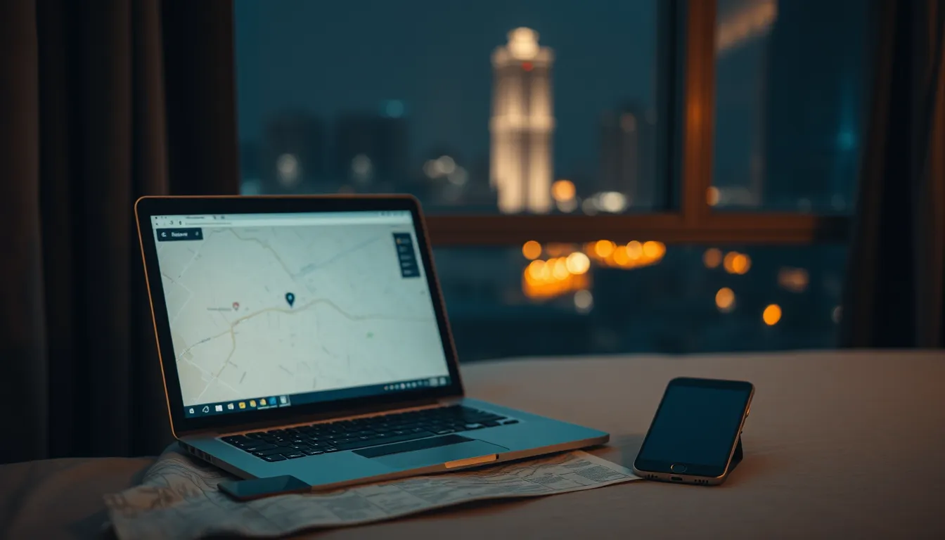 A borrowed laptop showing a map on a hotel desk at night, foreign city lights through the window