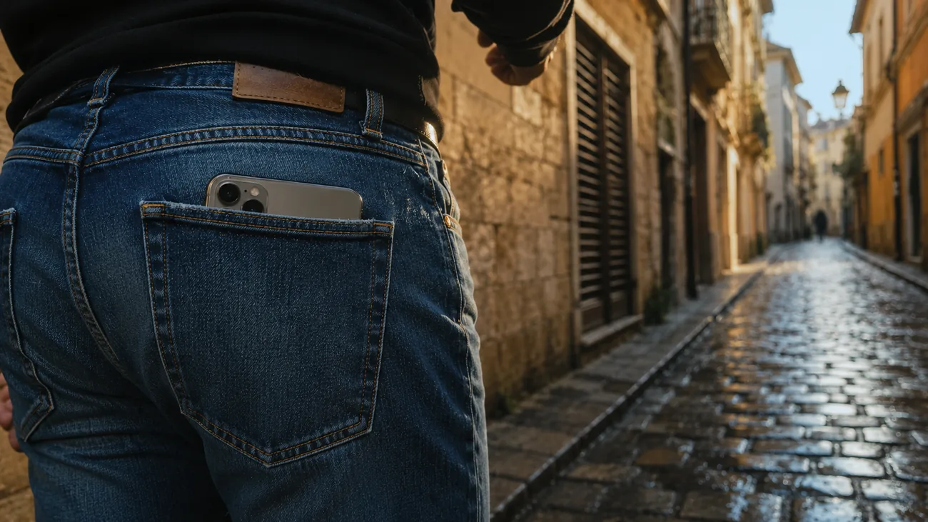 Person walking on a wet European cobblestone street at dusk with an empty back jeans pocket clearly visible, warm streetlights and shop windows in soft focus