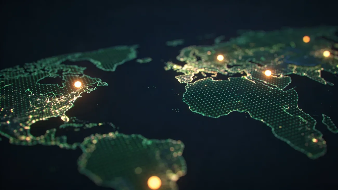 World map made of glowing dots with brighter hotspot clusters, abstract data visualization