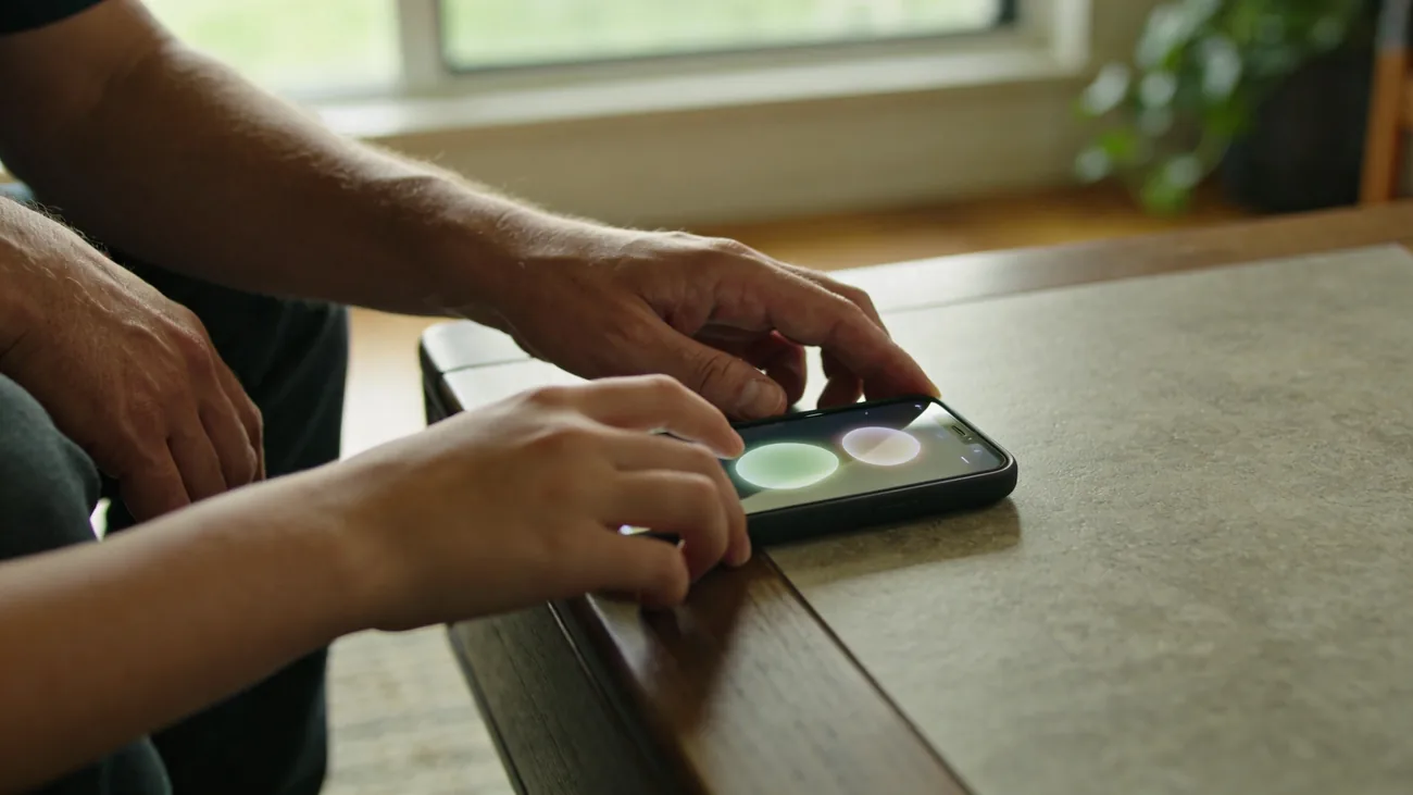 Pai e filho lado a lado em sofá da sala, olhando juntos para tela de celular configurando aplicativos, expressões calmas e atentas, ambiente caseiro