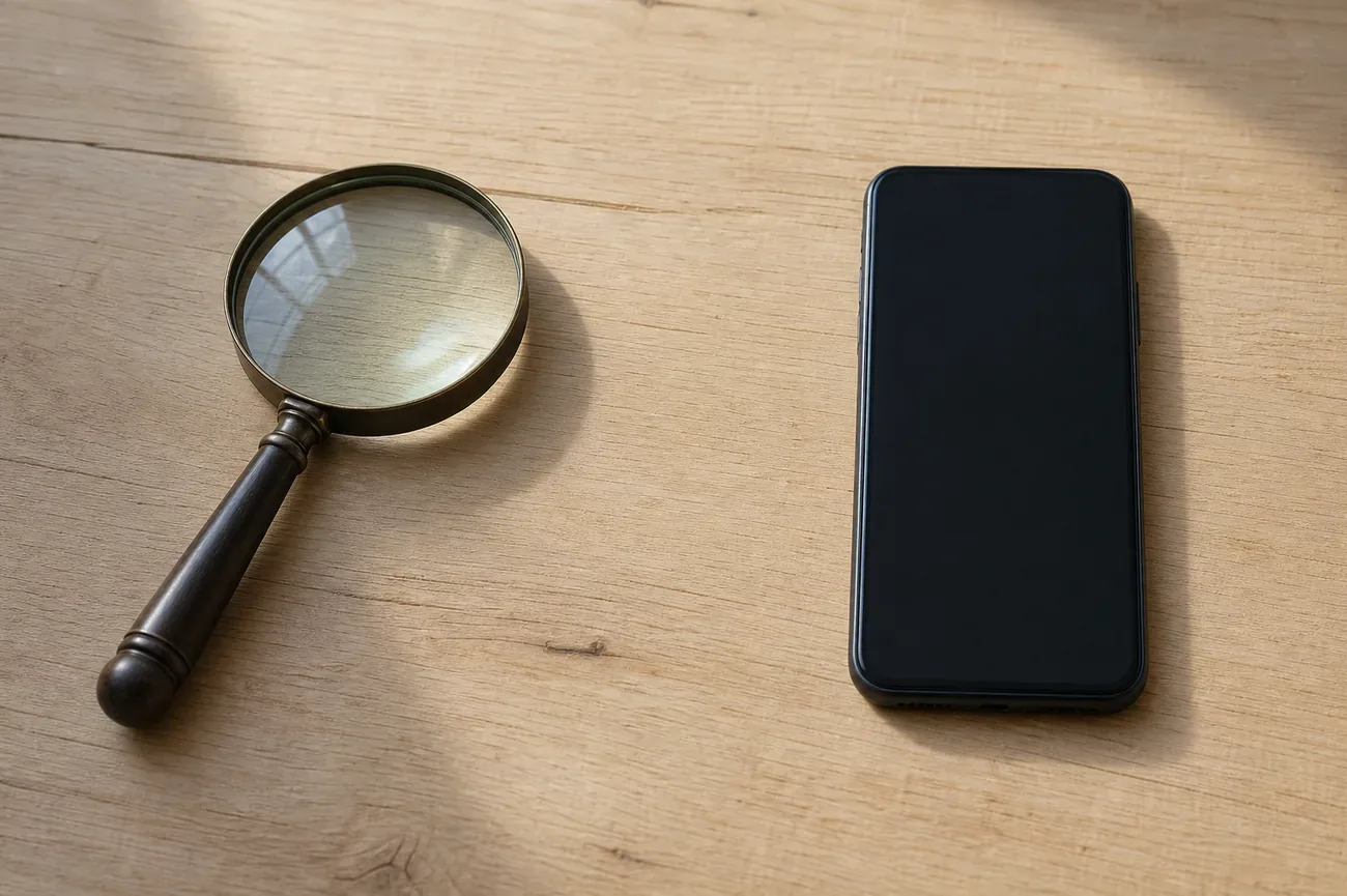 A magnifying glass resting beside a smartphone on a clean desk, hinting at searching an unknown number, soft daylight