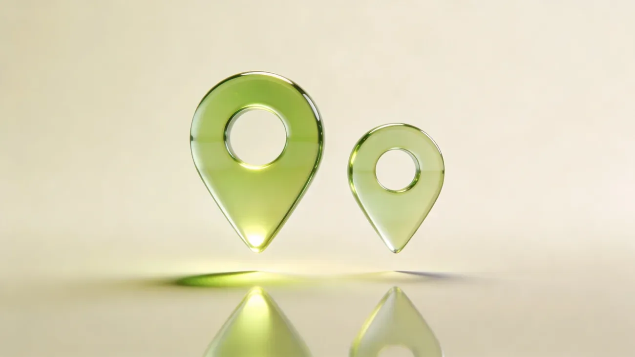 Two soft glass location pins floating side by side on a cream background, symbolizing mutual sharing