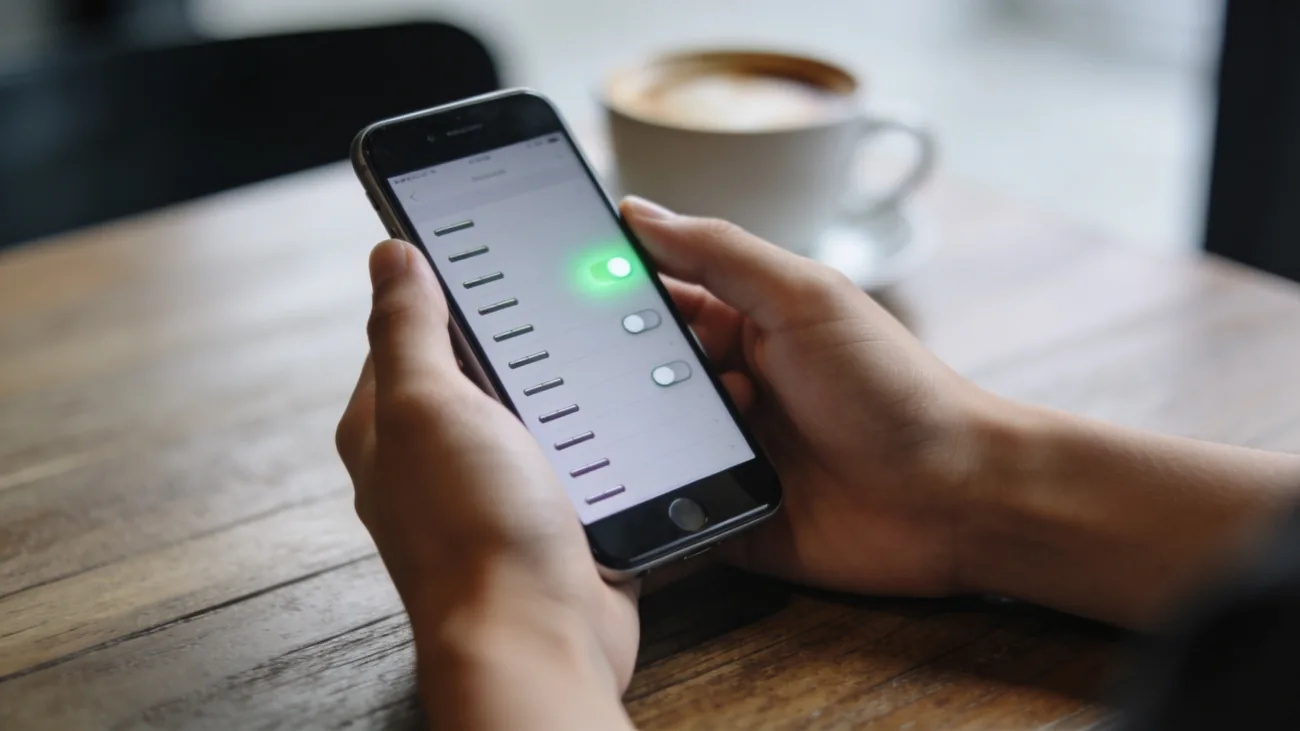 Mãos jovens segurando celular sobre uma mesa de café, tela mostrando lista de configuração com toggles para escolha de privacidade, foco em uma das opções ativas