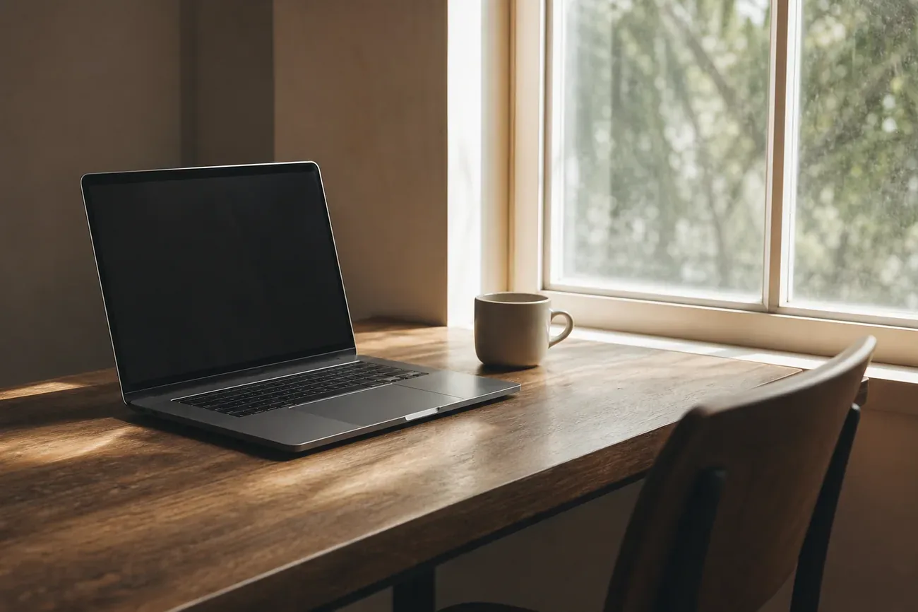 Laptop abierta sobre un escritorio de madera junto a una ventana, luz natural