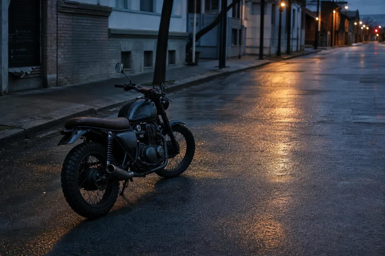 Motocicleta estacionada en una calle urbana al atardecer, vista documental