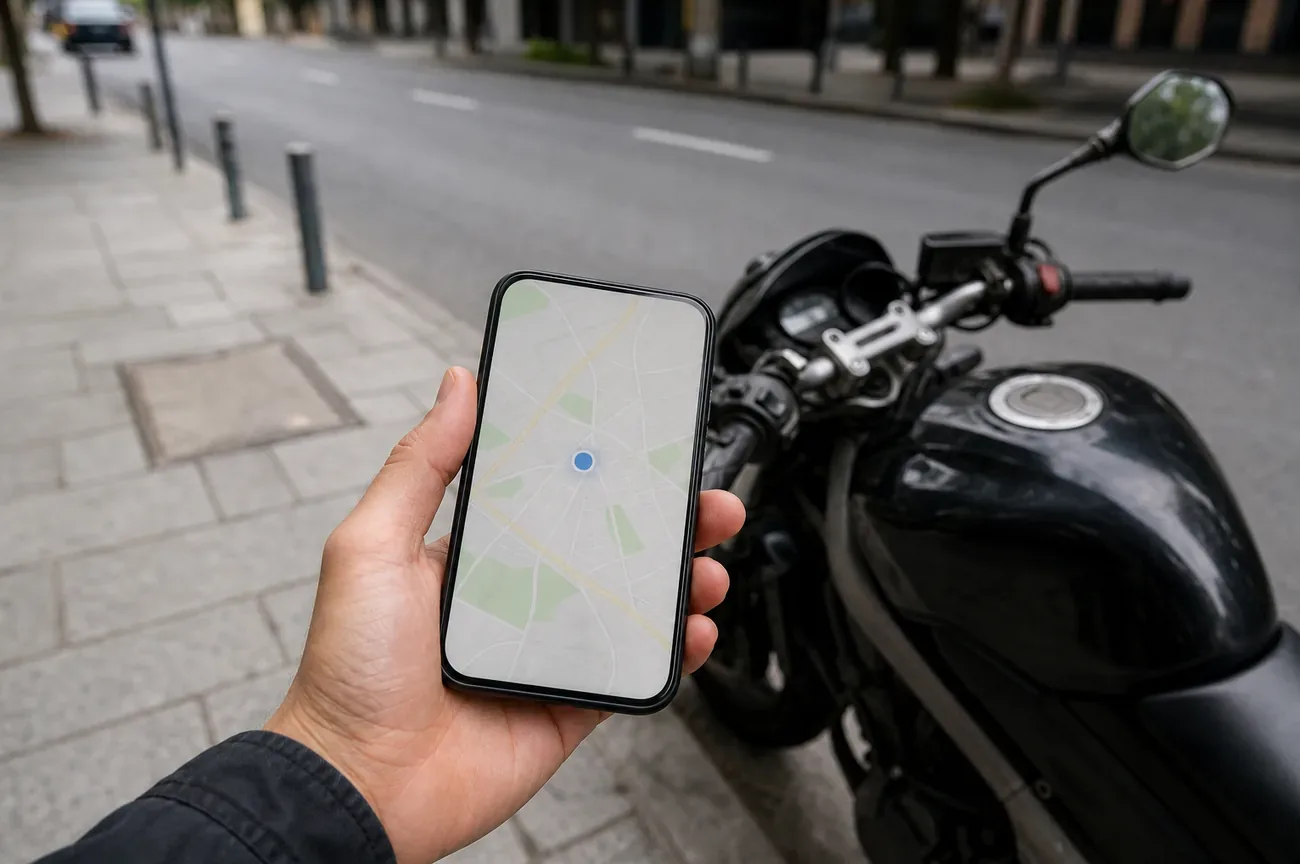 Persona revisando una app de rastreo en el celular junto a una motocicleta