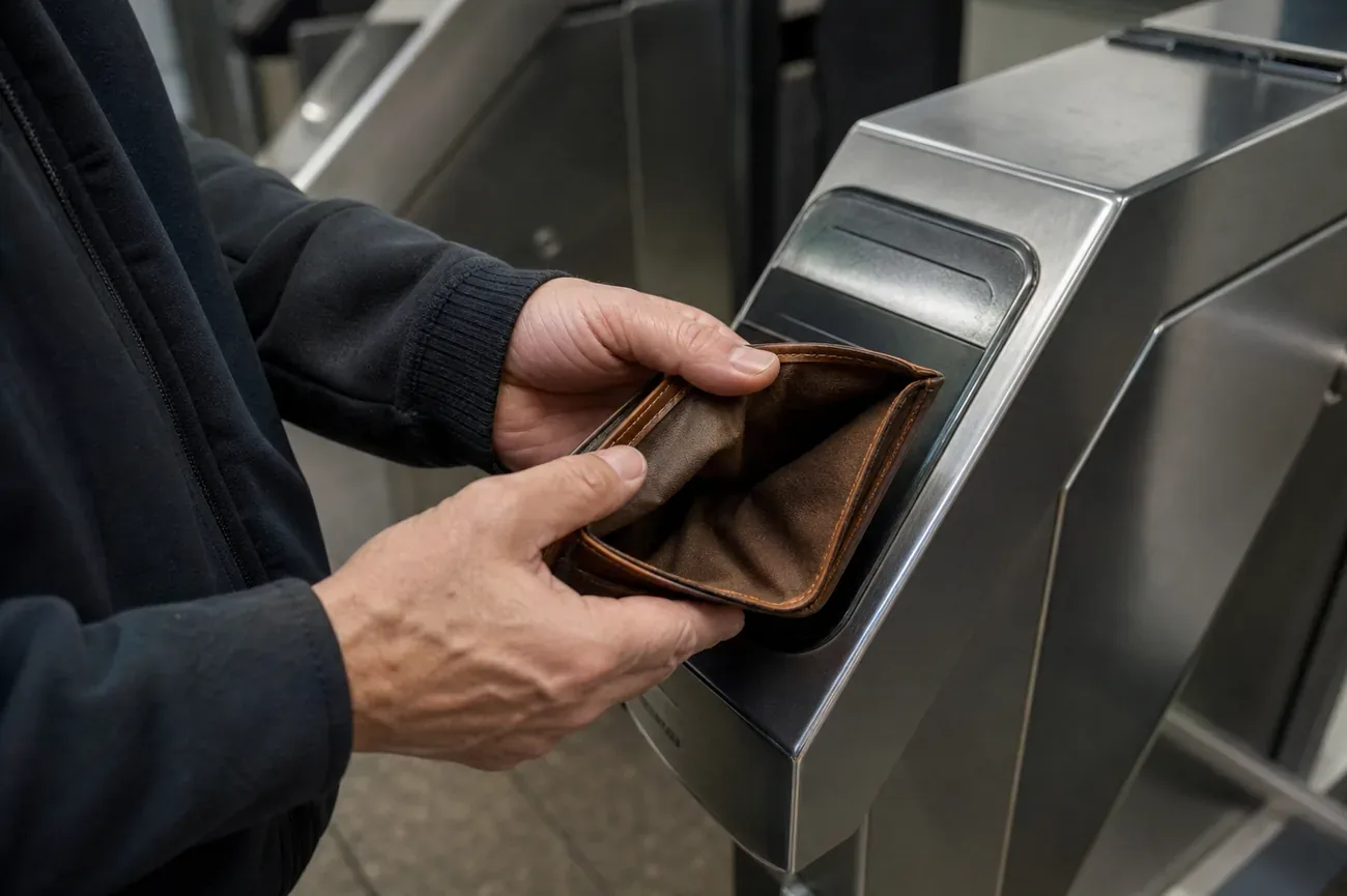 Open empty leather wallet next to a subway turnstile, urban transit lighting, documentary urgency aesthetic