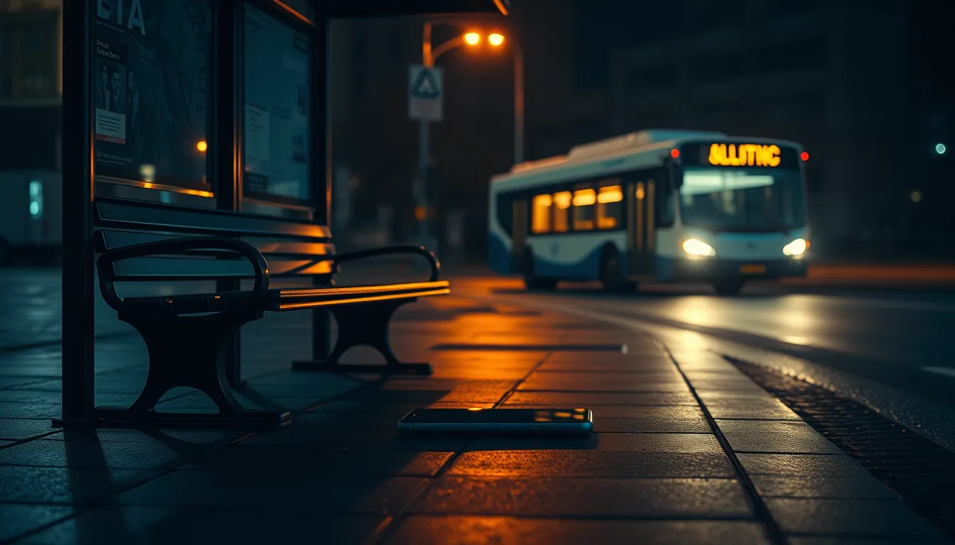 A phone lying face-up on wet pavement at a night bus stop, a lit bus receding in the background