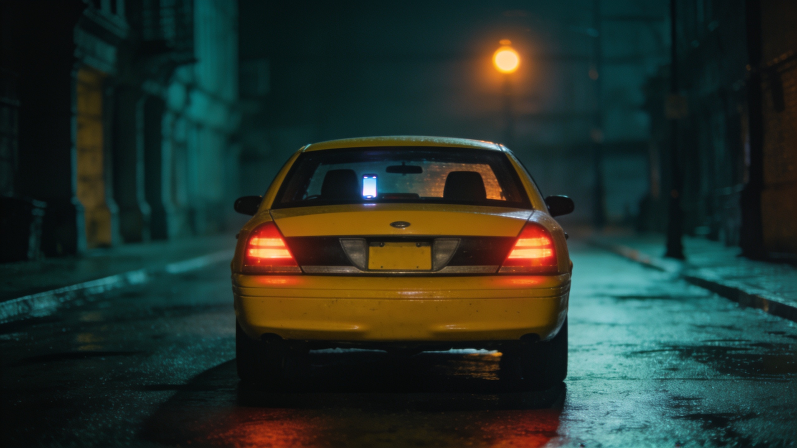 A taxi driving away on a wet night street with glowing taillights