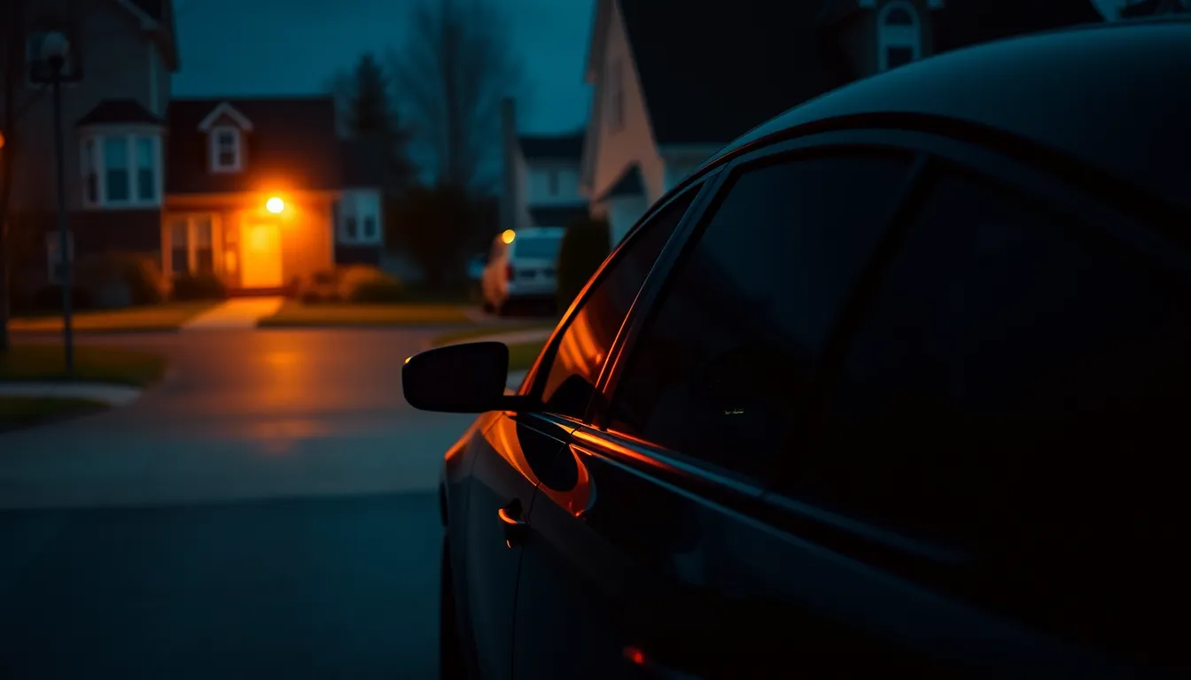 A car parked in a night driveway with warm porch light glowing across the street