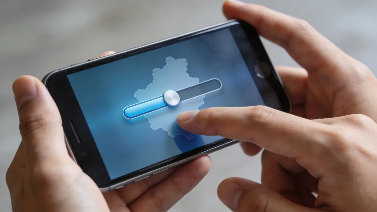 Tela de celular em close mostrando configuração de alerta de proximidade com slider de distância e botão de confirmação, mãos jovens em foco