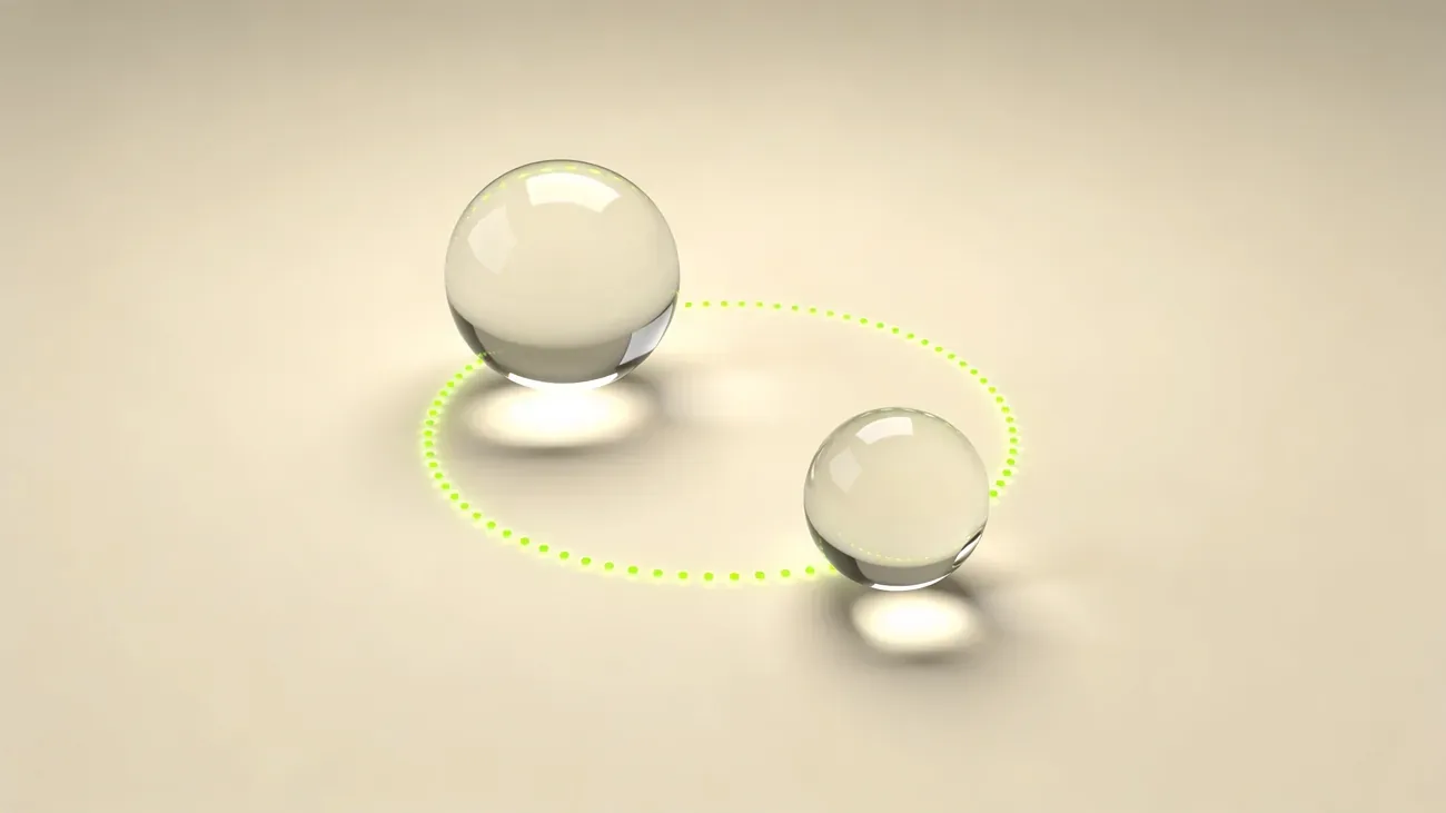 Two glass orbs at a comfortable distance on a cream background, one larger and one smaller, connected by a soft warm green dotted line