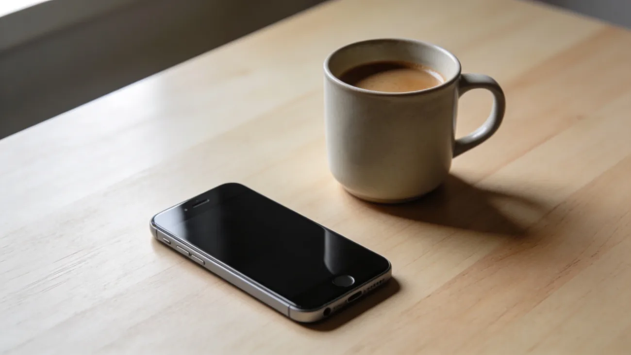 Powered-off smartphone on a wooden desk next to a plain ceramic coffee mug, soft daylight from the side