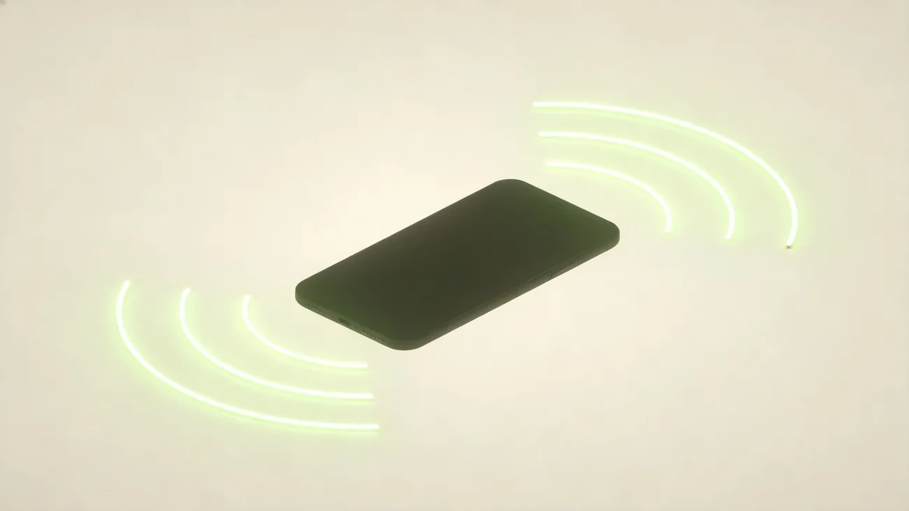 Dark smartphone silhouette on a cream background with faint concentric rings of soft green light pulsing outward