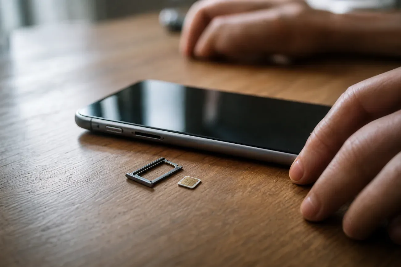 Ranura SIM vacia de un celular sobre fondo neutro con luz lateral suave