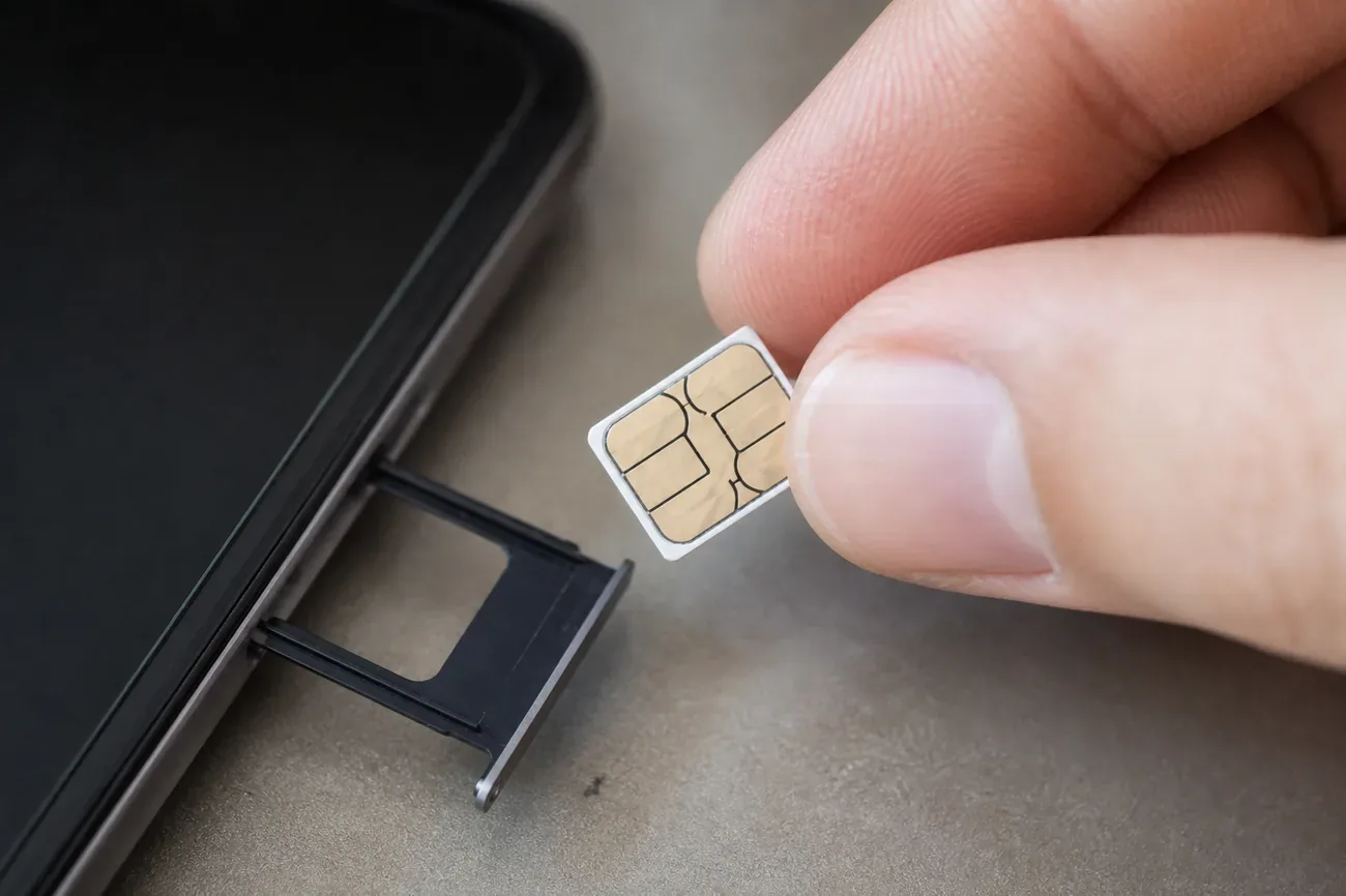 Celular con bandeja SIM extraida apoyado sobre mesa con fondo claro