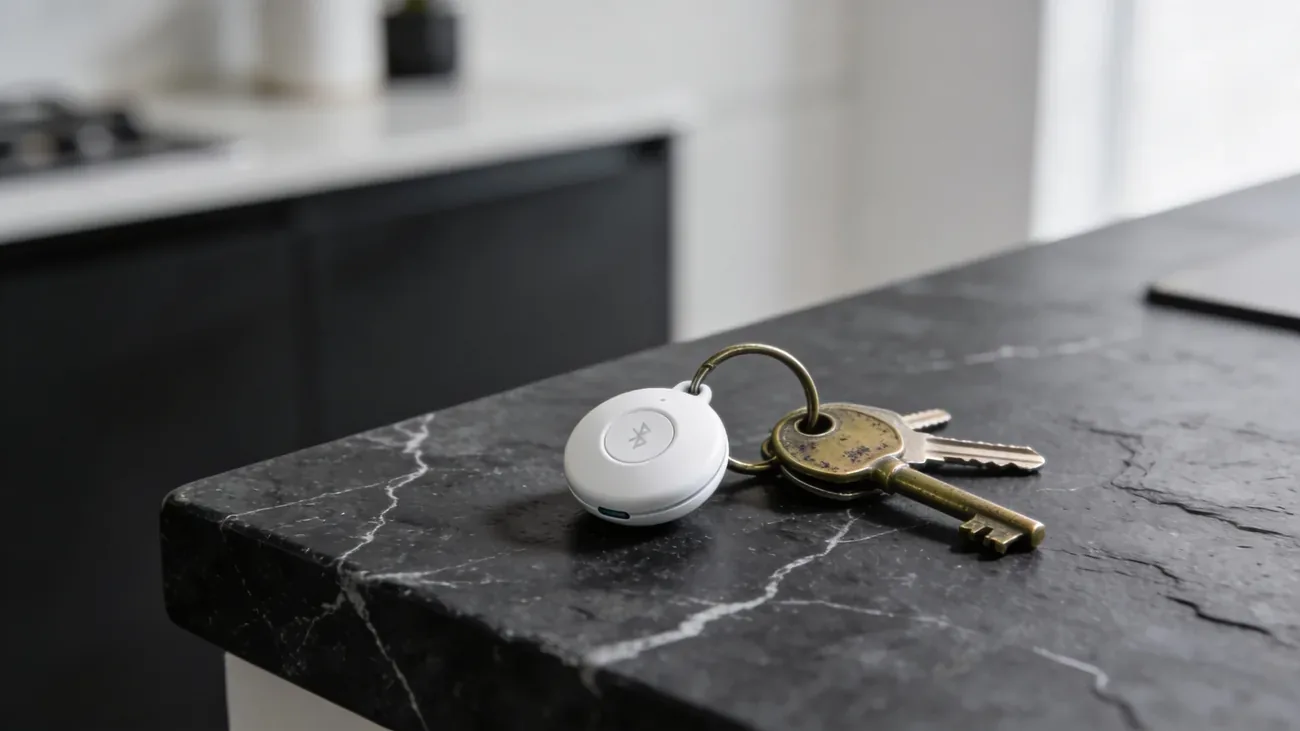 Bluetooth tracker สีขาวเล็กบนพวงกุญแจทองเหลืองพร้อมกุญแจที่ใช้แล้ว ตกแต่งบ้านสมัยใหม่ในโฟกัสนุ่ม