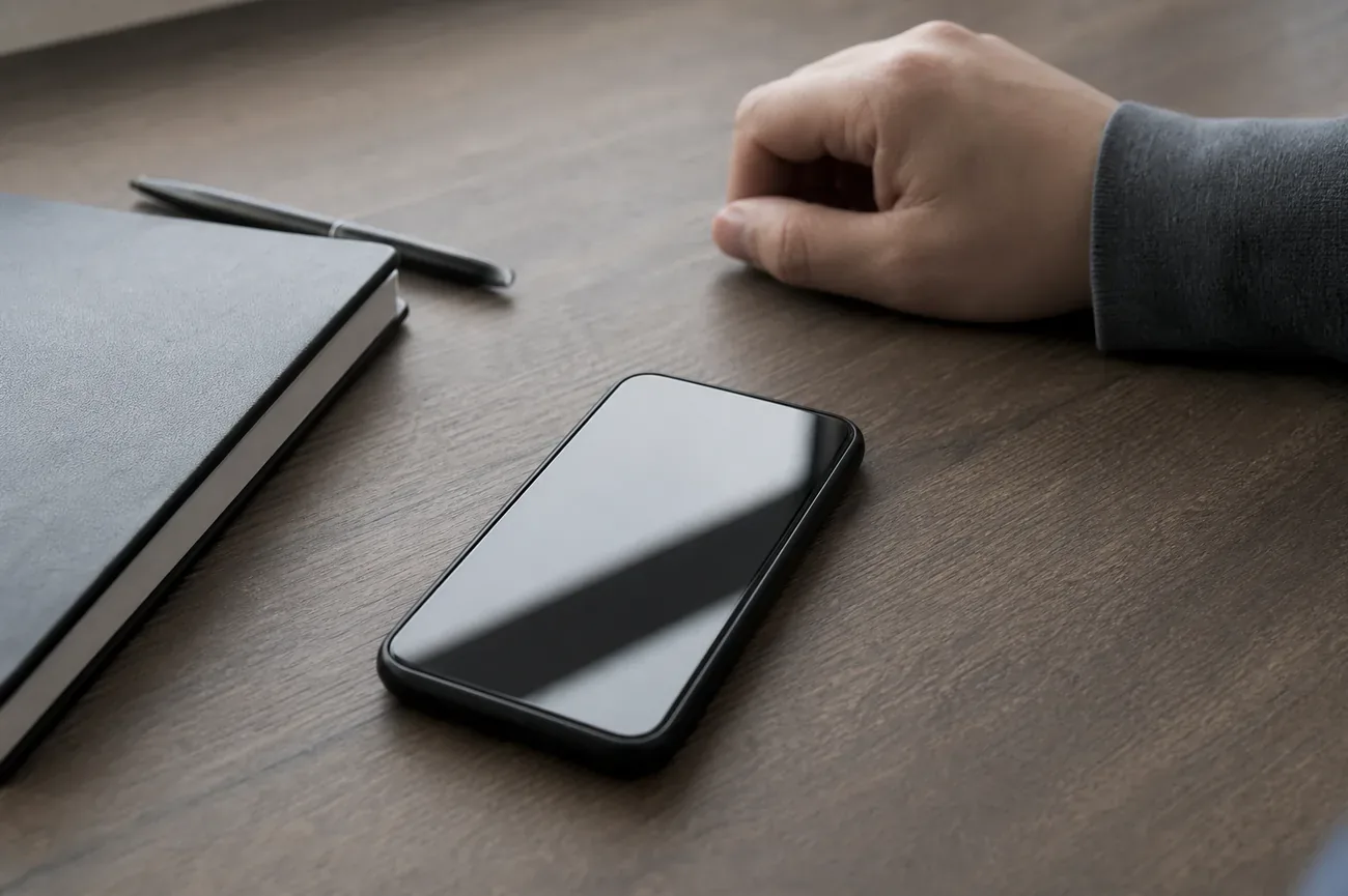 Maos segurando um celular diante de documentos juridicos sobre uma mesa