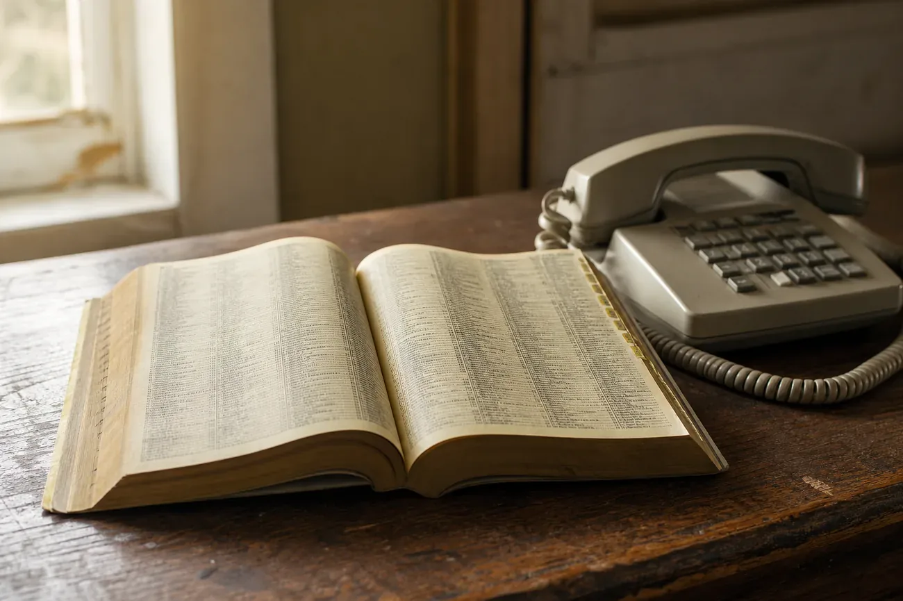 Vastag, nyomtatott telefonkönyv nyitva egy fa asztalon, oldalt egy régi vezetékes telefon, meleg fény, dokumentarista fotó