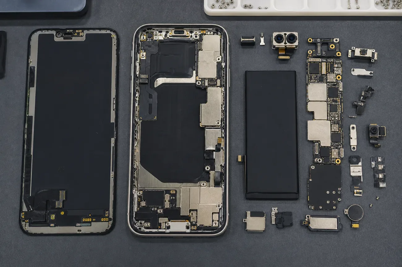Disassembled smartphone on a repair workbench, individual components laid out neatly under bright clinical light, top-down view, documentary tech journalism