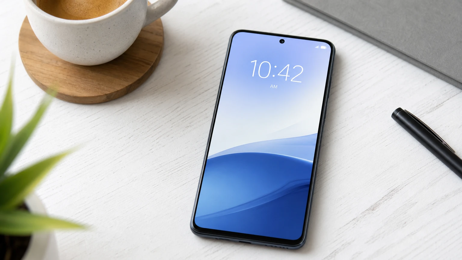 Phone on a white desk shows a blue lock screen reading 10:42 AM, beside a coffee cup, pen and a green plant