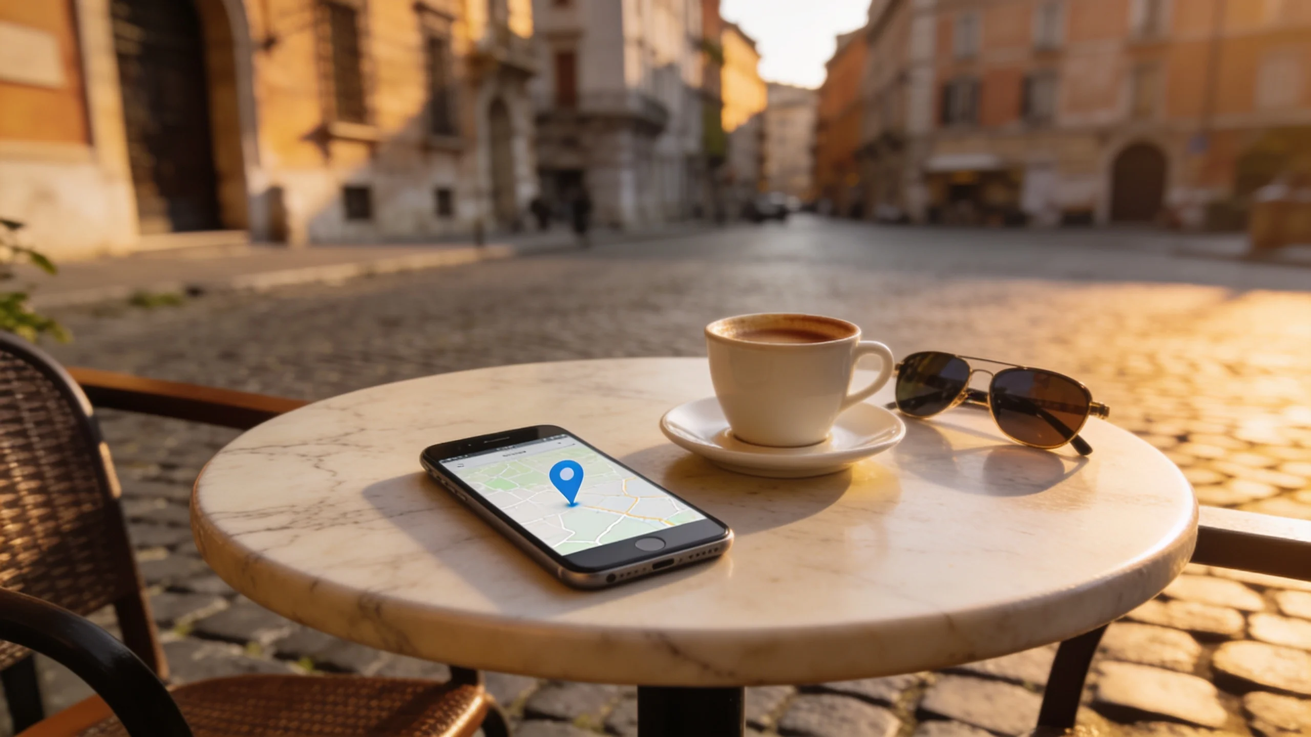 Phone left on a marble cafe table on a European cobblestone street at golden hour, espresso cup and sunglasses beside it, map pin on screen.