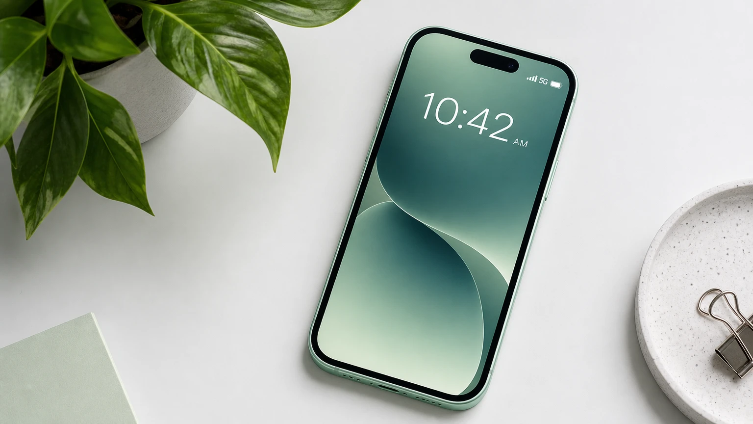 Mint-green iPhone on a white desk beside a leafy plant, showing a green-toned lock screen with 10:42 AM and a 5G icon
