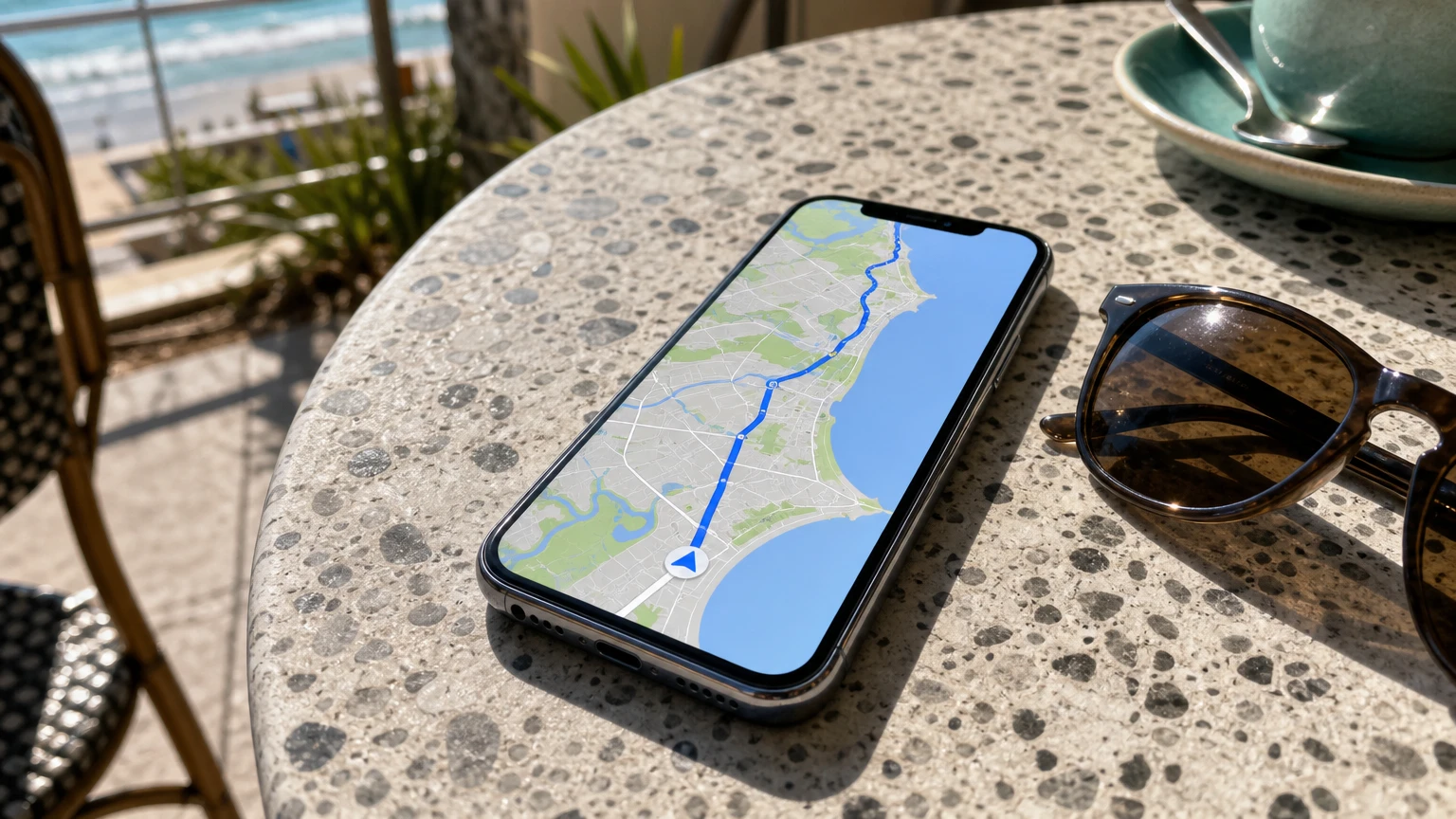 iPhone on a speckled beach cafe table showing a coastal map with a blue route; sunglasses and a teal cup nearby