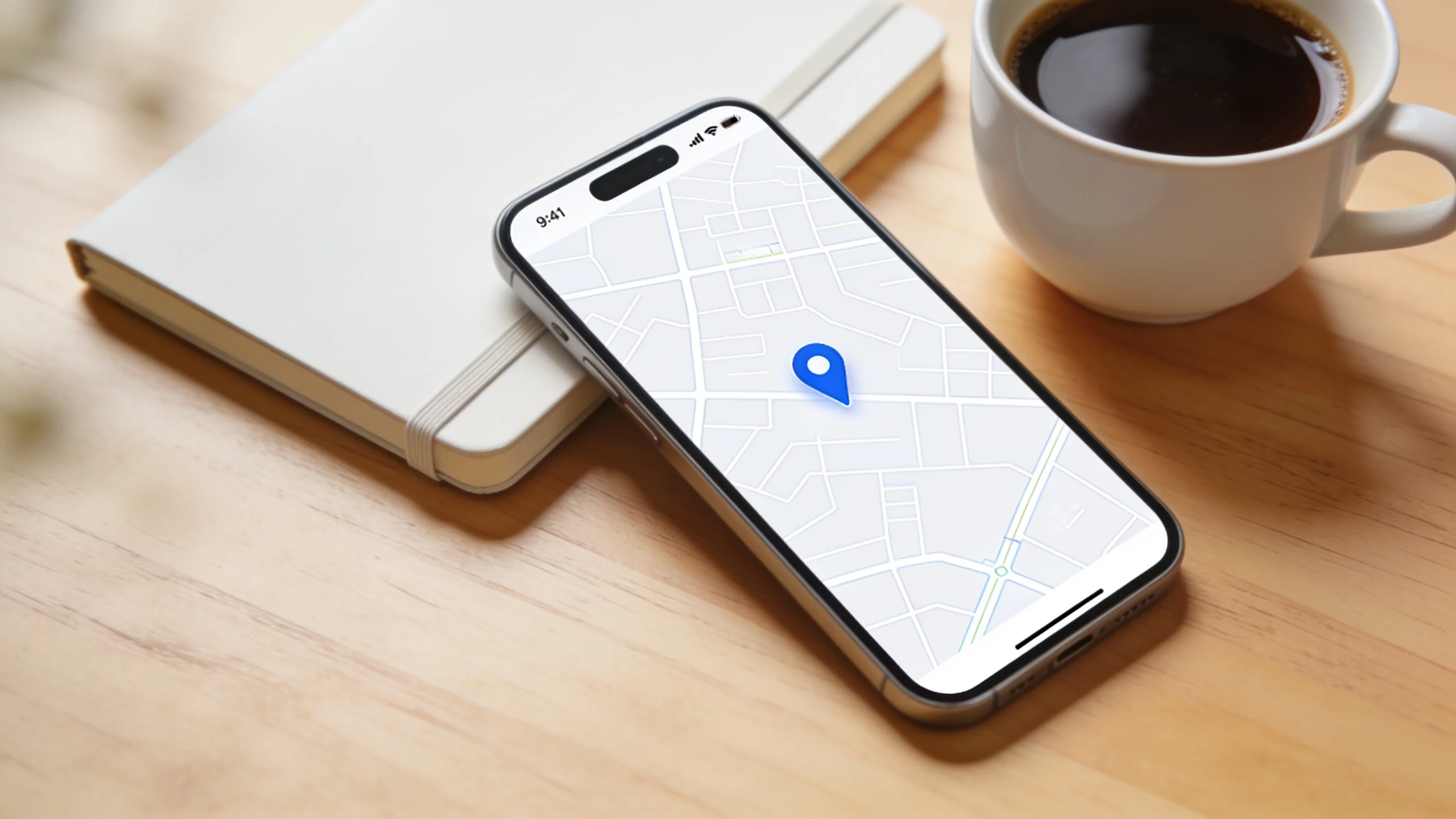Phone on a light wooden desk beside a white notebook and a cup of black coffee, screen showing a map with one blue pin.