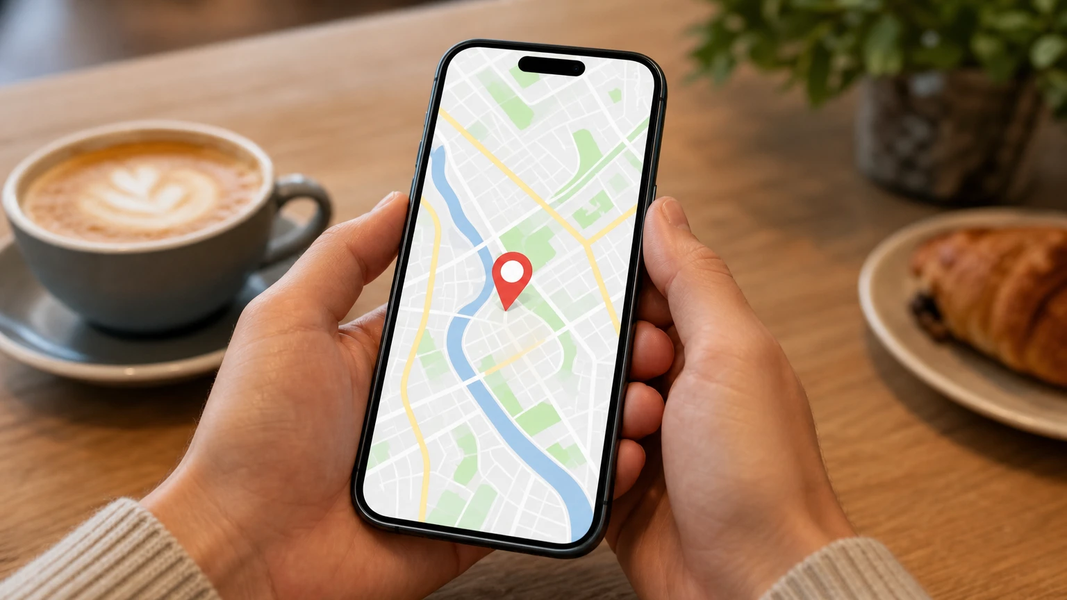 Two hands hold a phone above a cafe table; the map on screen shows a red pin by a river, with a latte and croissant behind