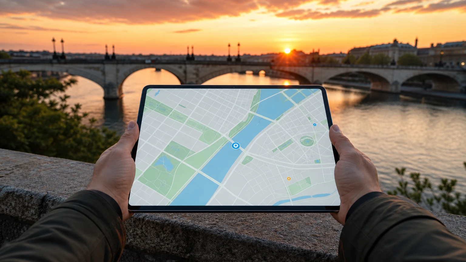 Hands hold a tablet showing a city map with location dots, above a river with arched stone bridges at sunset