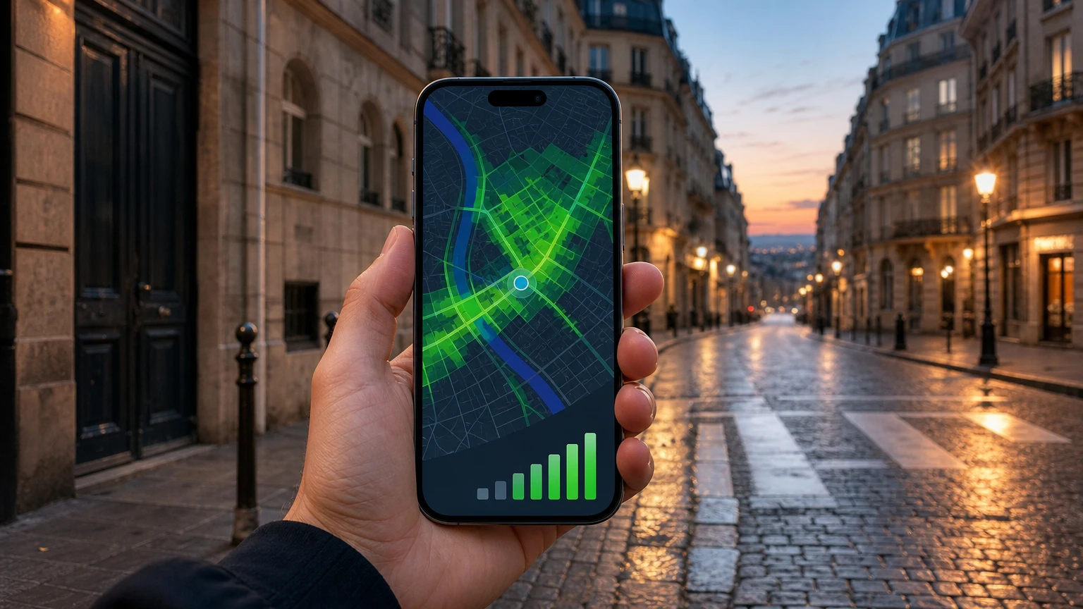 Hand holds a phone on a European street at dusk; the screen shows a dark map with green highlighted roads and signal bars