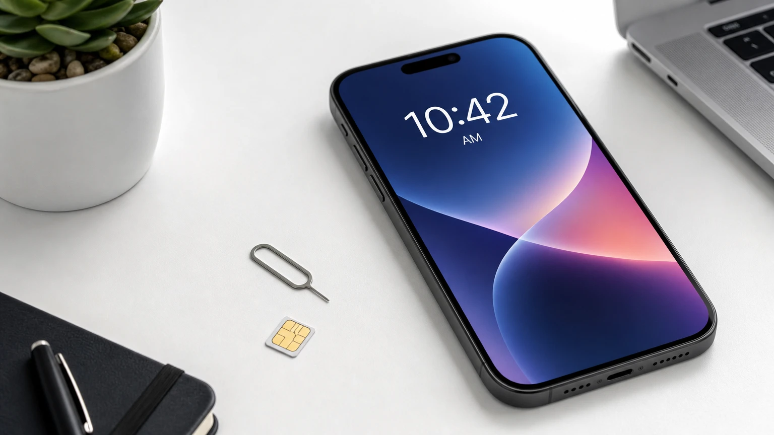 iPhone with a 10:42 AM lock screen on a white desk next to a nano SIM card and ejector pin, laptop and notebook nearby