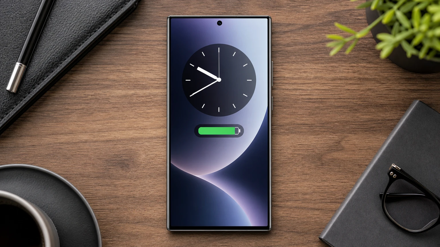 Samsung-style phone on a wooden desk showing an analog clock widget and a green battery bar; glasses and notebook beside