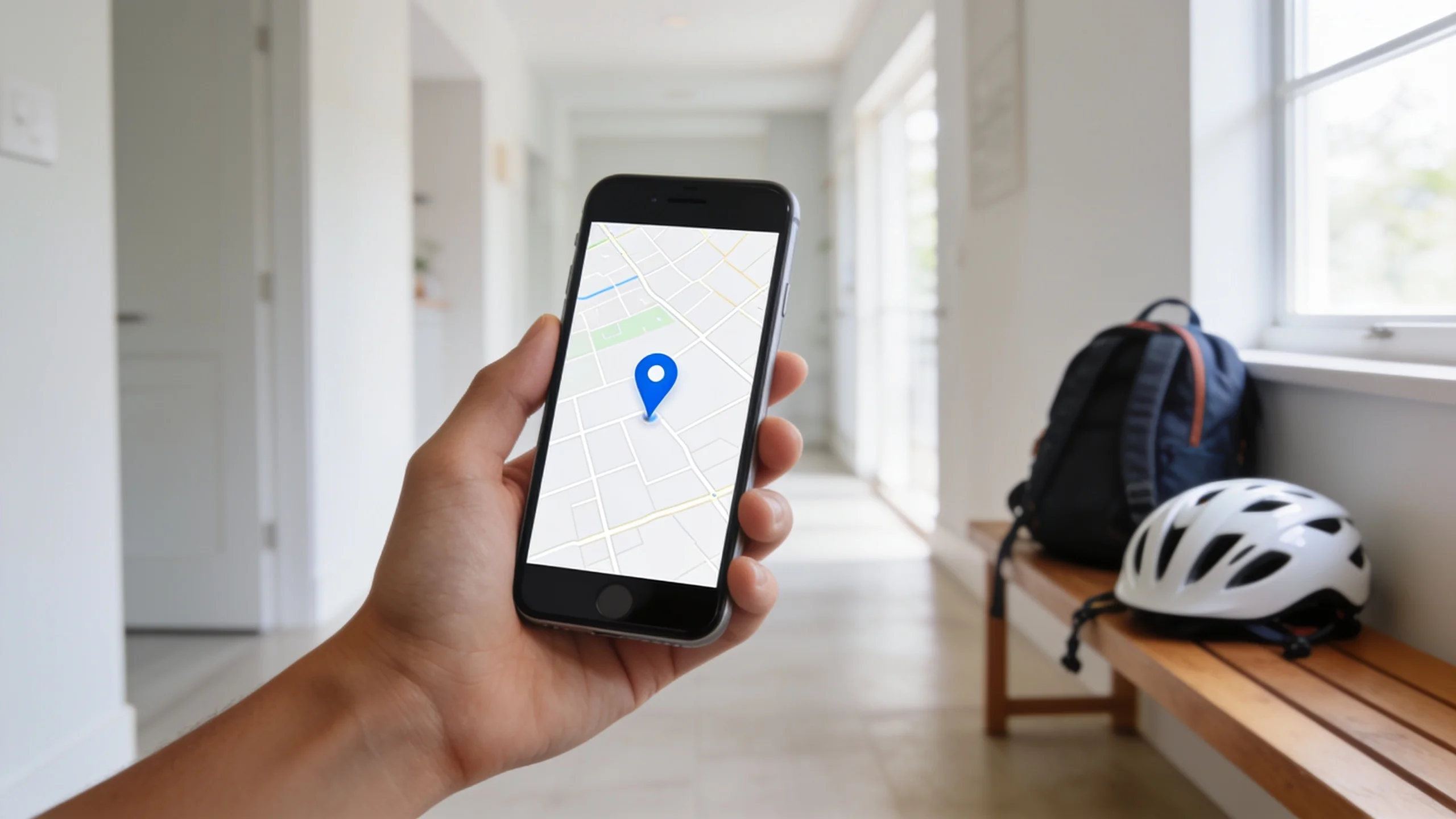 Main tenant un téléphone avec une carte et un pin bleu dans une entrée lumineuse, sac à dos et casque de vélo sur un banc en arrière-plan.