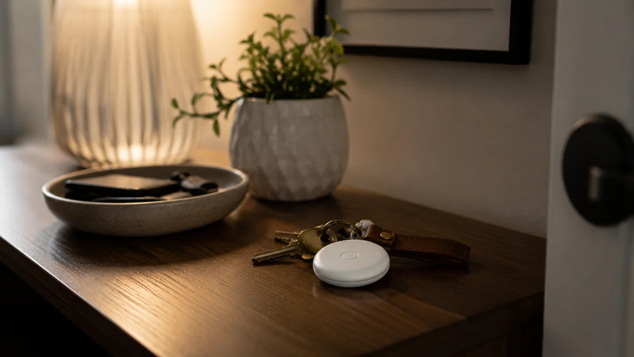 AirTag tracker beside keys in a softly lit home entryway