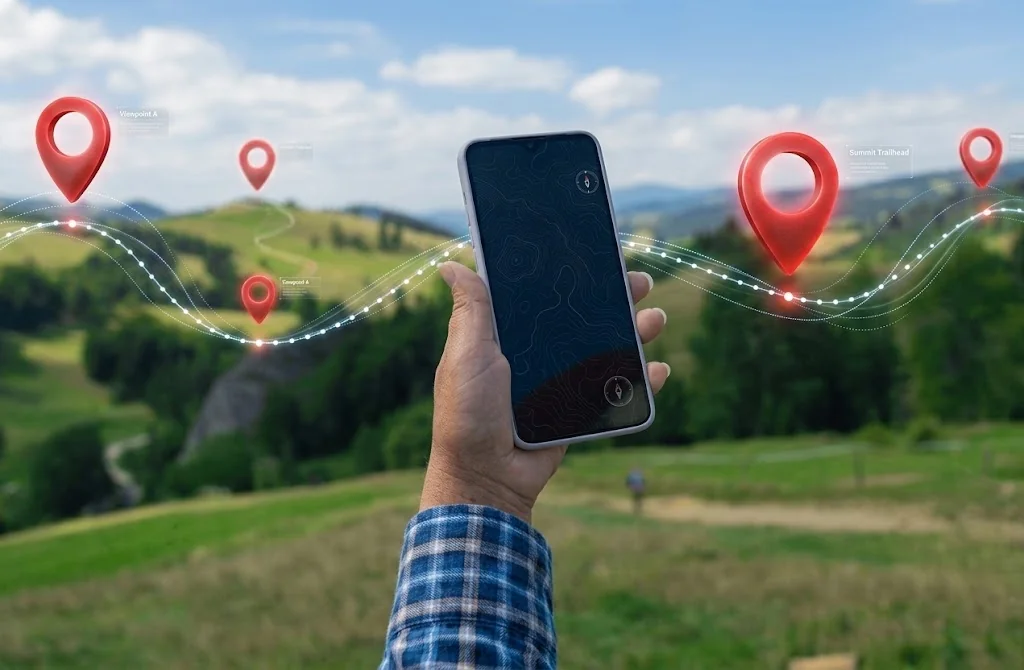 Map with multiple location pins across countryside