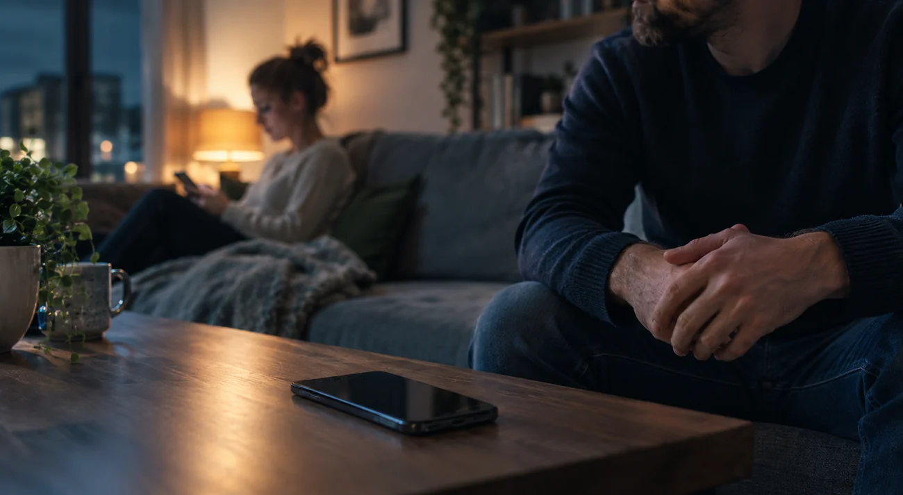 Couple in a tense conversation with a smartphone on the table