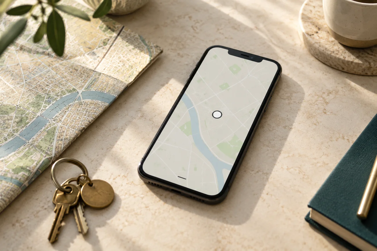 Editorial illustration of a phone with an unresolved location on a paper map