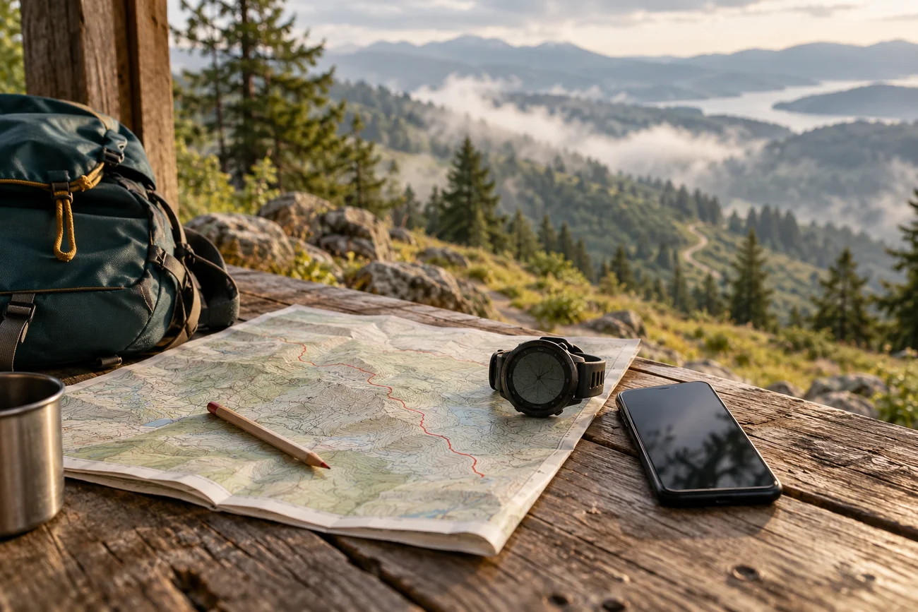 Editorial illustration of a hiking route on a paper map beside a phone and GPS watch