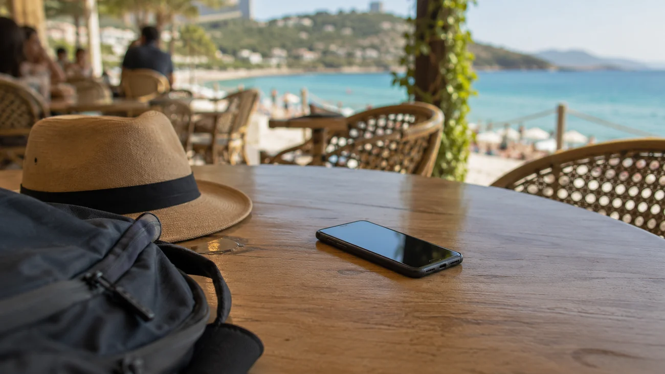 Smartphone left on a cafe table beside travel belongings