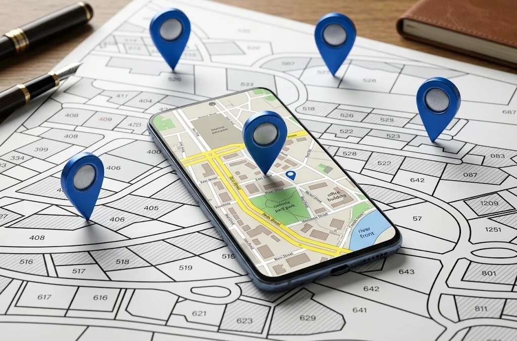 Smartphone showing a map with location pins
