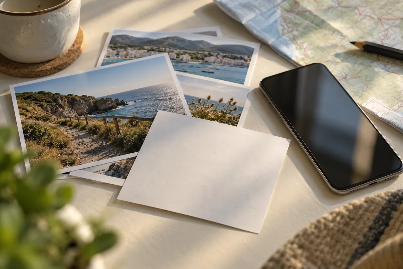 Editorial illustration of printed travel photos, a phone and a folded map